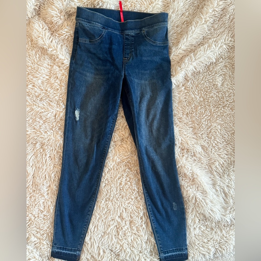 SPANX Blue Skinny Jeans with Stretch and Distressed Details